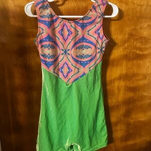 Green and Pink Patterned Girls' Leotard Romper